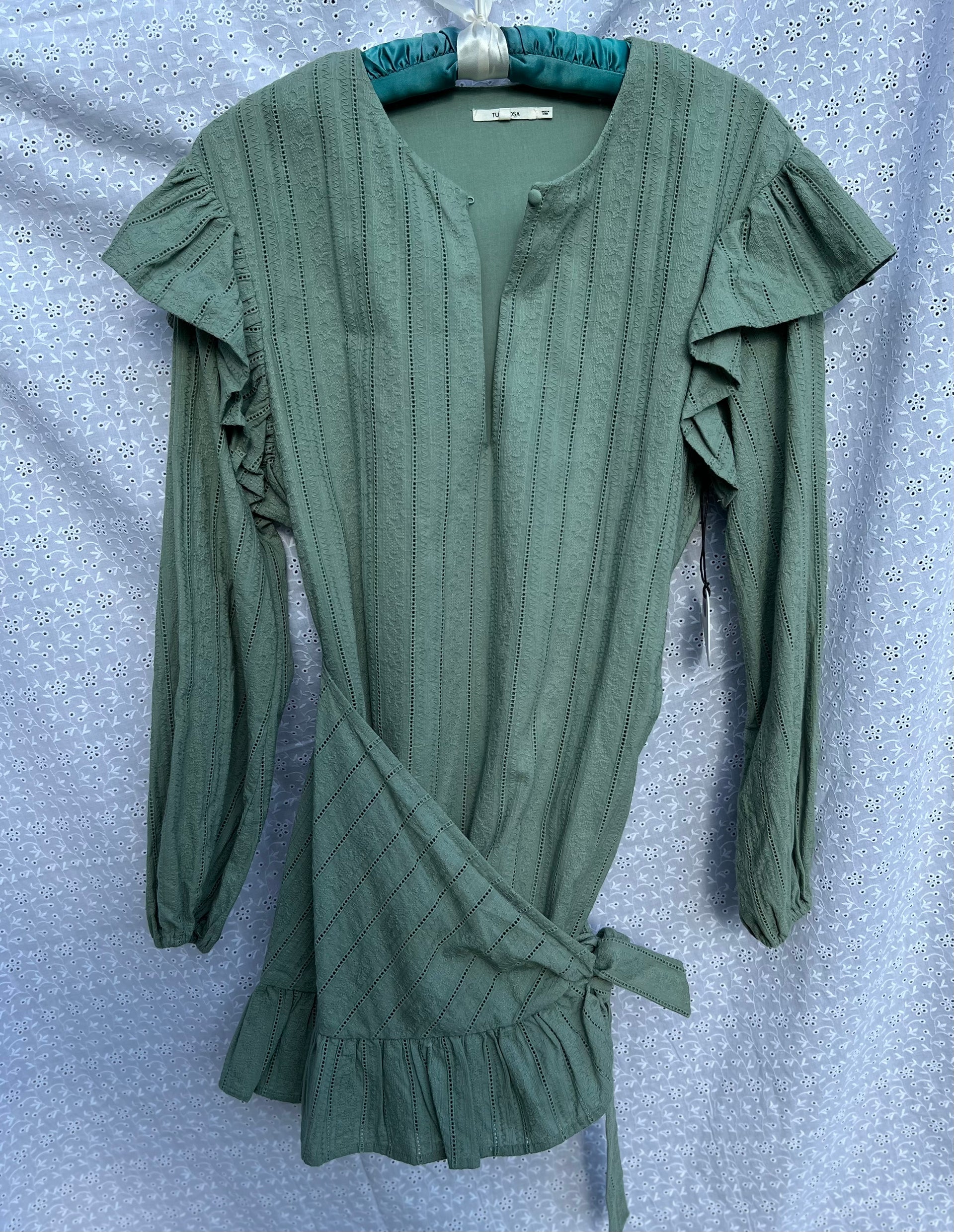 tularosa green dress Tularosa $178 Small Nicole Dress Sycamore Green Pleated Mini Dress Bell Sleeve
