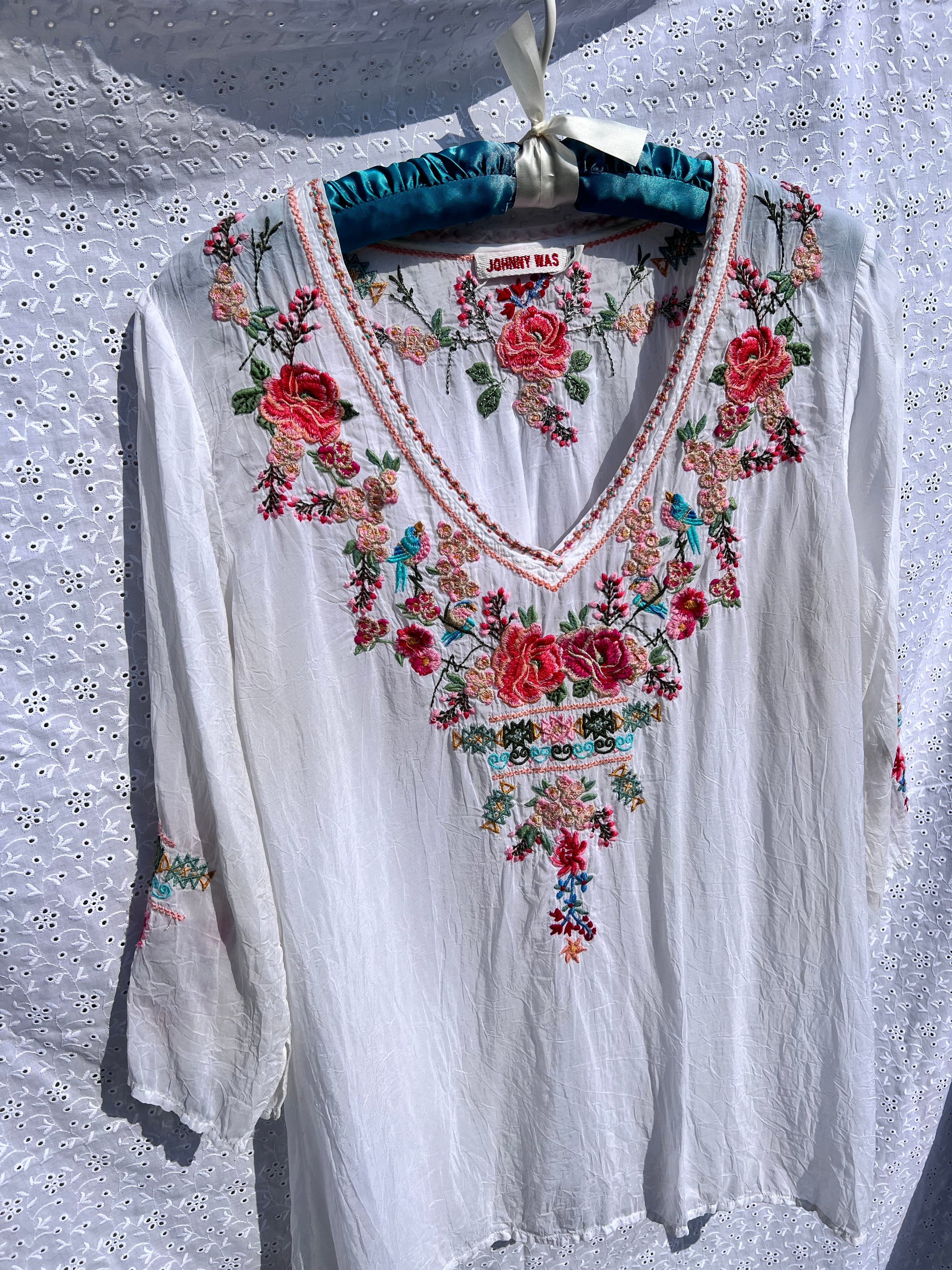 Johnny Was Skyler Floral Embroidered Linen top, cheapest S