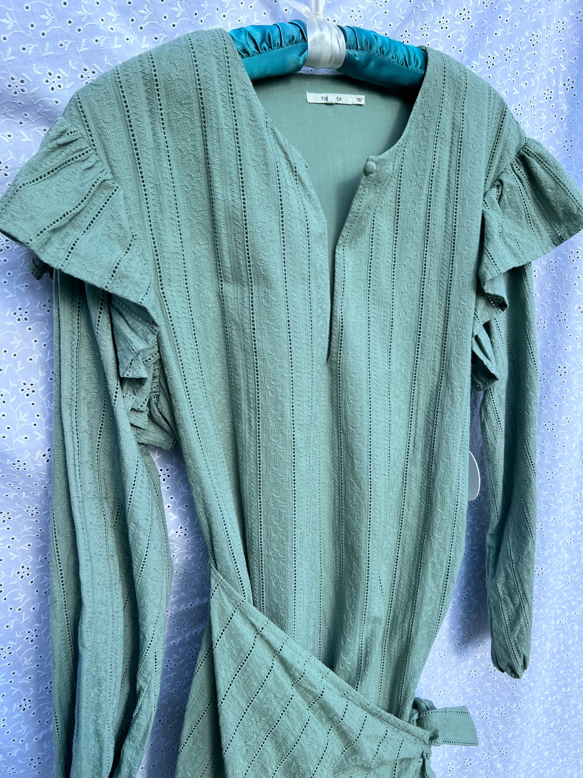 Tularosa Teal Ruffle Long Sleeve Mini Wrap Dress Tularosa Teal Ruffle Long Sleeve Mini Wrap Dress